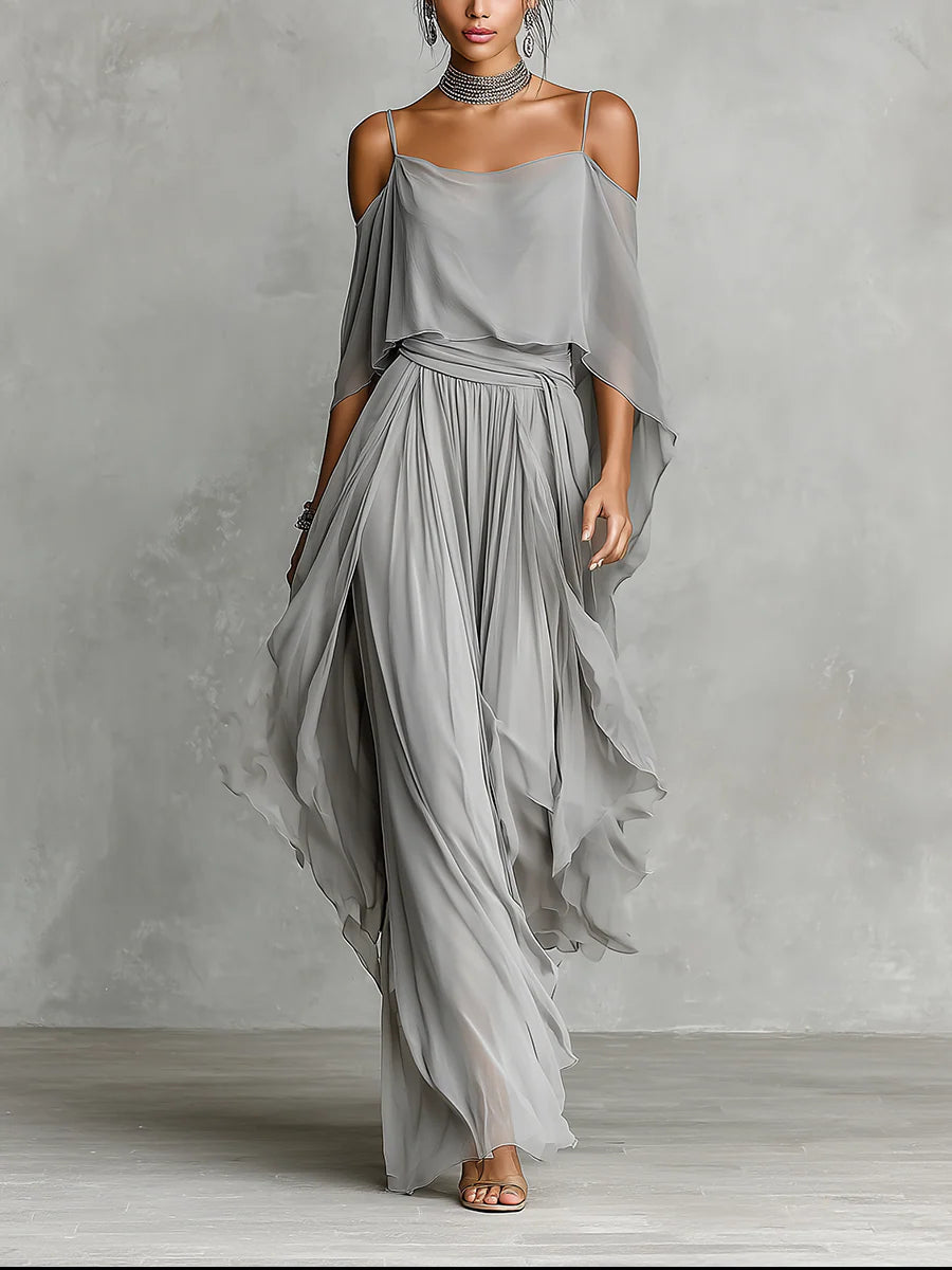 Conjunto en Chiffon Gris: Top y Pantalón