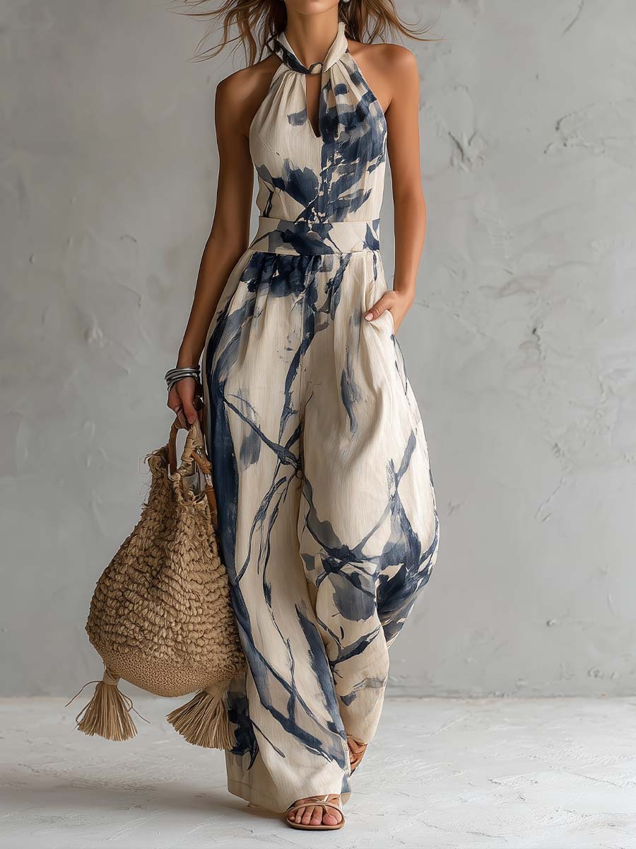 Mono con Escote Halter y Estampado Tinta China