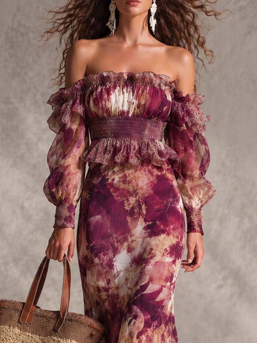 Vestido Maxi en Chiffon Rosa con Hombros Descubiertos