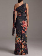 Vestido Maxi Plisado Negro de Un Solo Hombro