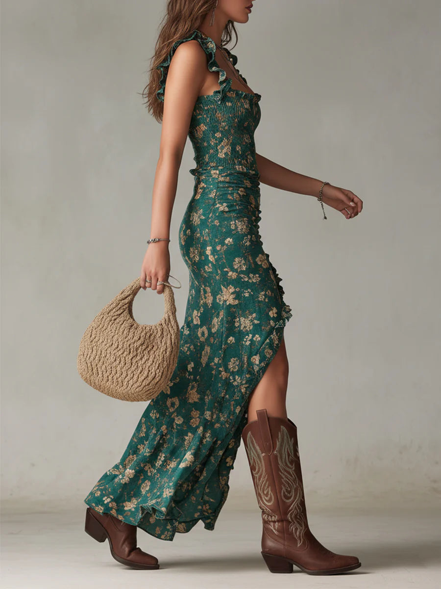 Vestido Maxi Estampado Verde Bohemio con Mangas de Volante