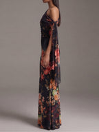 Vestido Maxi Plisado Negro de Un Solo Hombro