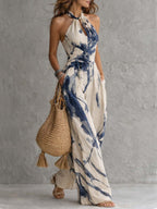 Mono con Escote Halter y Estampado Tinta China
