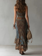 Vestido Maxi Estampado Étnico con Hombro Descubierto
