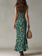 Vestido Maxi Estampado Verde Bohemio con Mangas de Volante