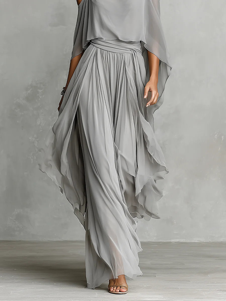 Conjunto en Chiffon Gris: Top y Pantalón
