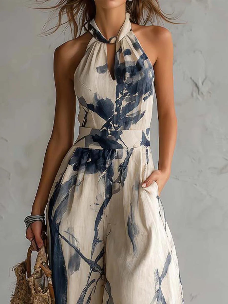 Mono con Escote Halter y Estampado Tinta China