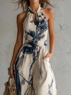 Mono con Escote Halter y Estampado Tinta China