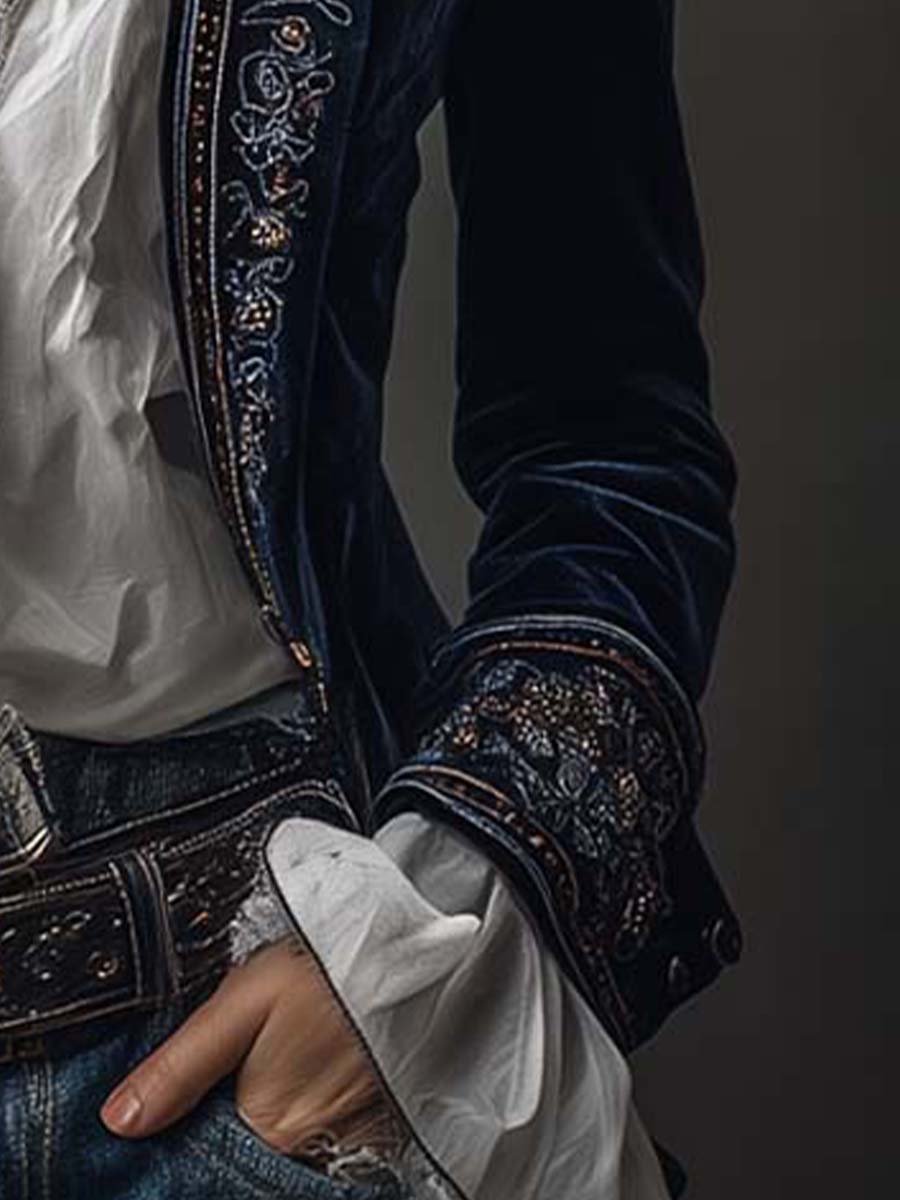 Athénaïs | Chaqueta Larga Bordada Vintage Azul Marino