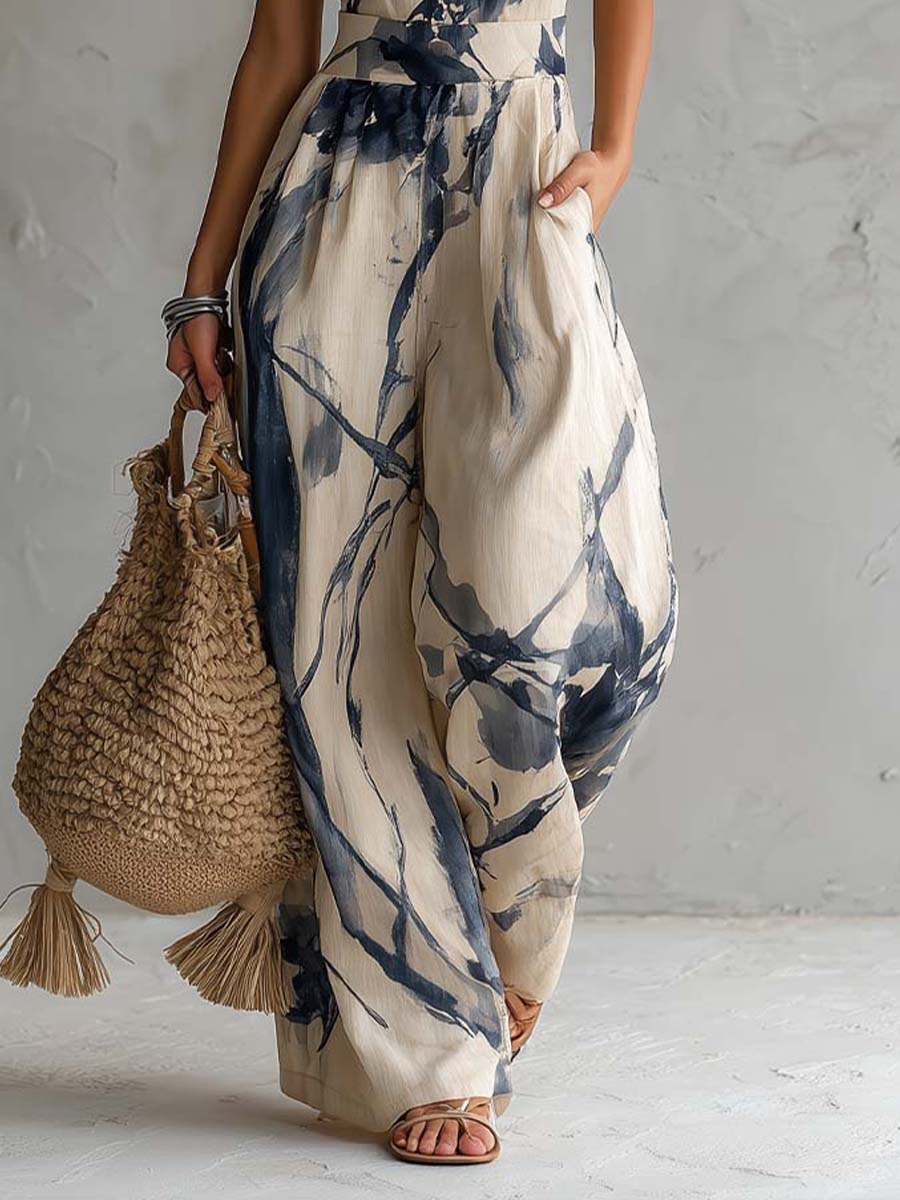 Mono con Escote Halter y Estampado Tinta China