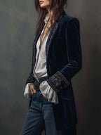 Athénaïs | Chaqueta Larga Bordada Vintage Azul Marino