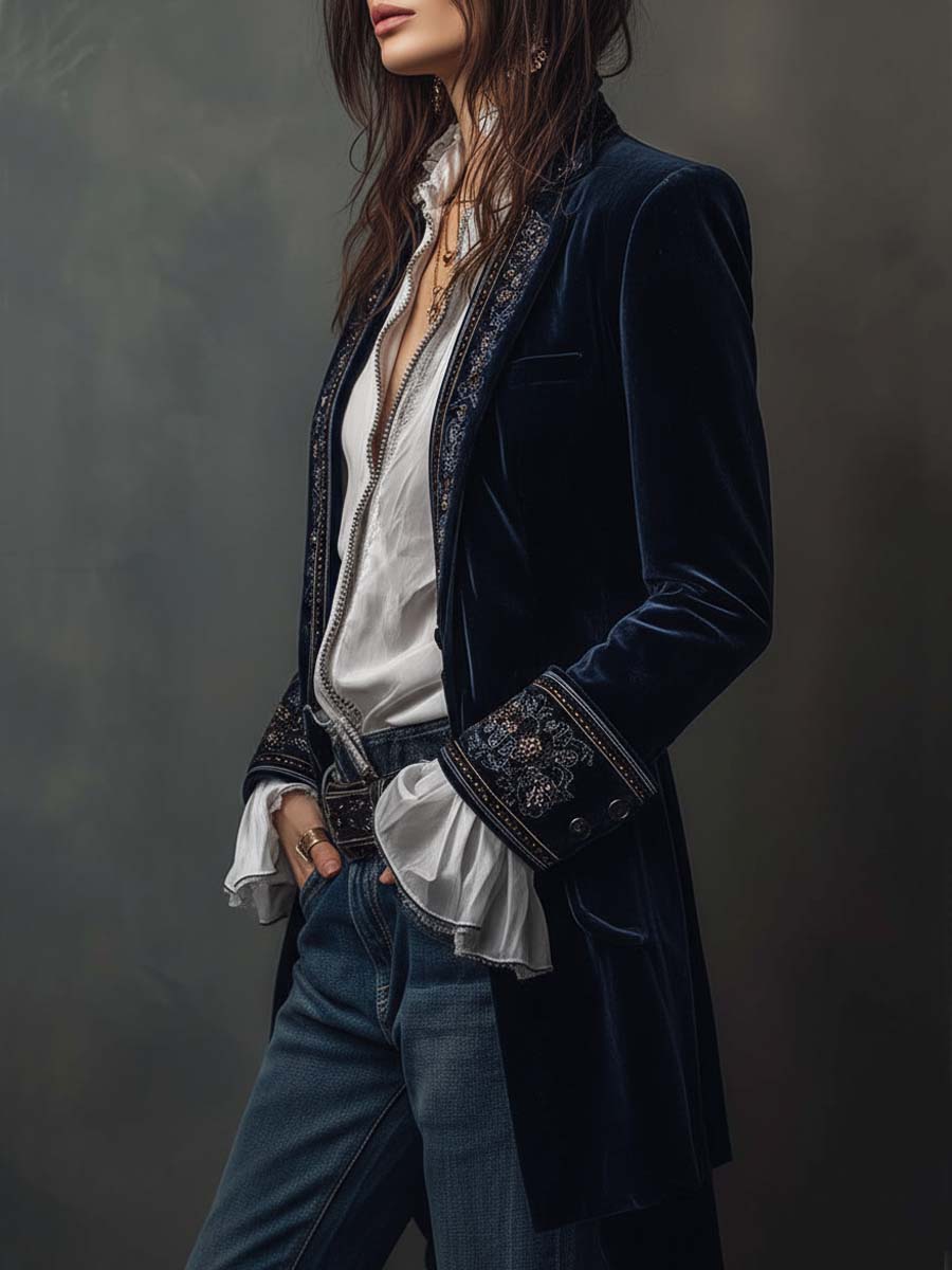 Athénaïs | Chaqueta Larga Bordada Vintage Azul Marino
