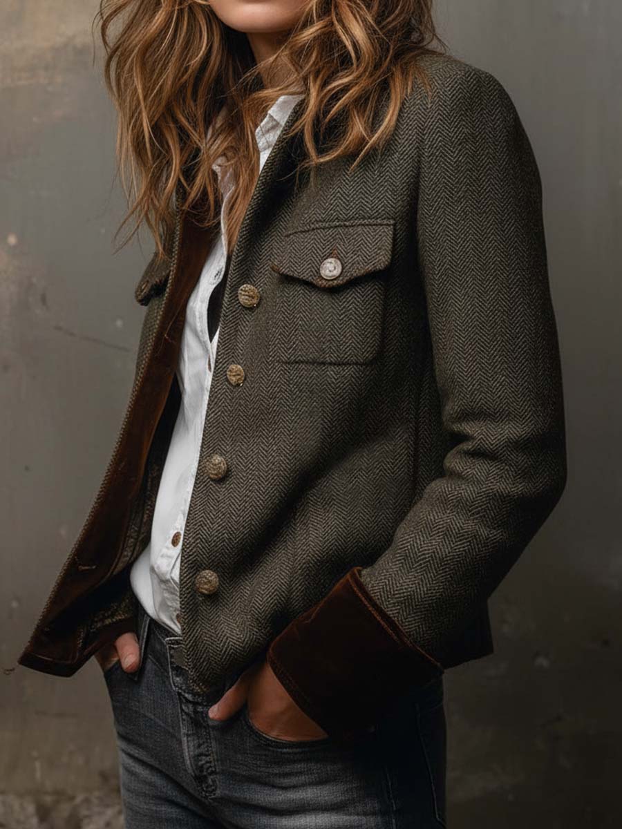 Honorine | Blazer Vintage de Espiga con Ribetes Contraste