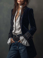 Athénaïs | Chaqueta Larga Bordada Vintage Azul Marino