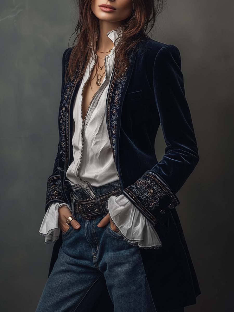 Athénaïs | Chaqueta Larga Bordada Vintage Azul Marino