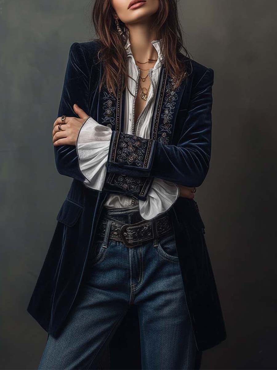 Athénaïs | Chaqueta Larga Bordada Vintage Azul Marino