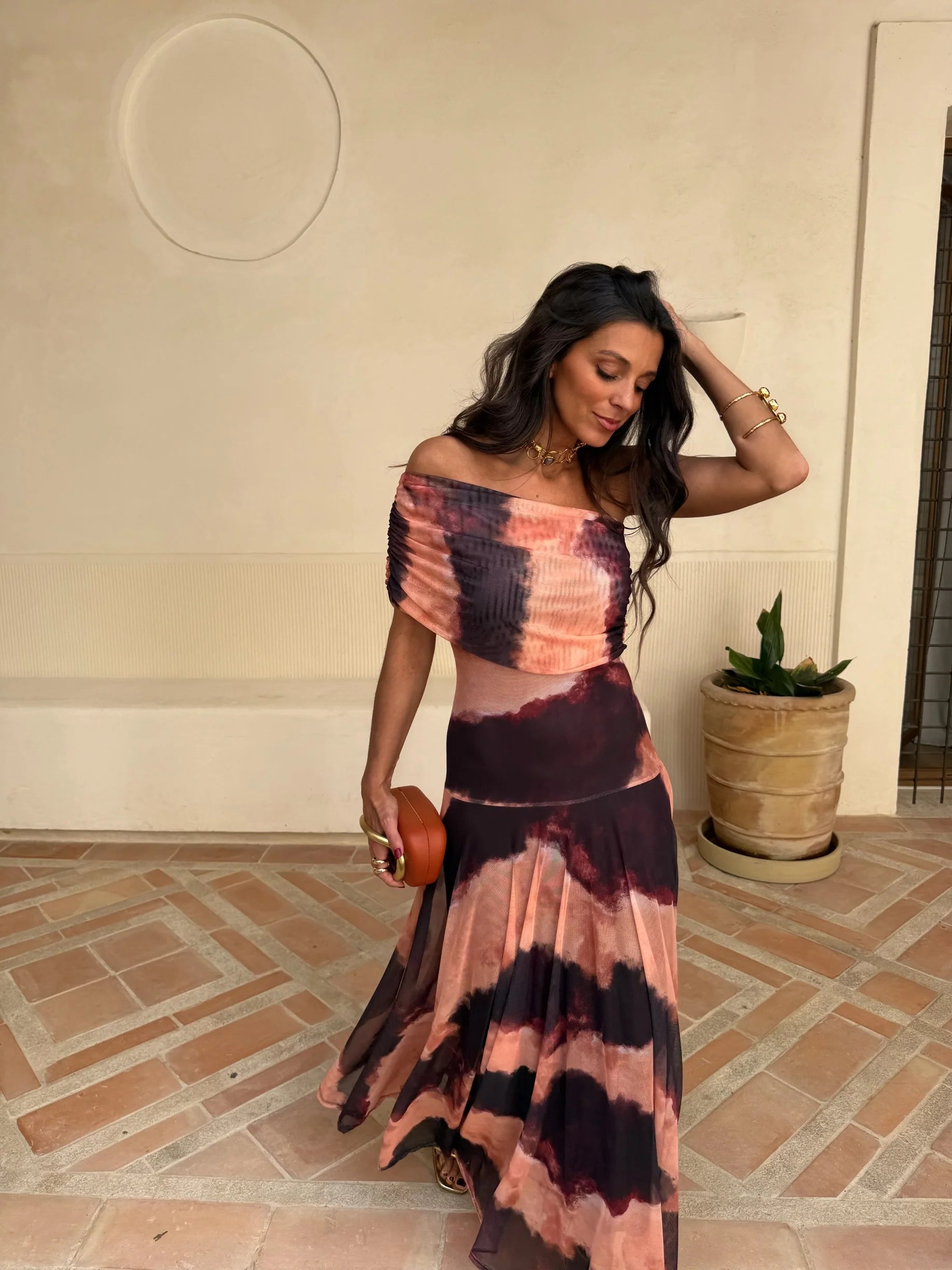 Vestido Toledo Estampado Naranja y Marrón