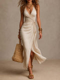 Clemencia | Vestido Midi en Lino con Escote Cruzado y Encaje
