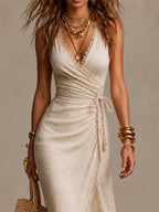 Clemencia | Vestido Midi en Lino con Escote Cruzado y Encaje