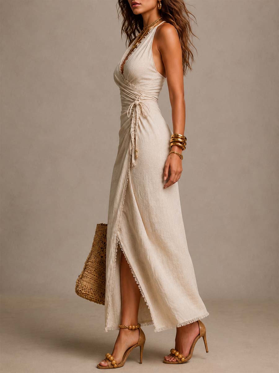 Clemencia | Vestido Midi en Lino con Escote Cruzado y Encaje