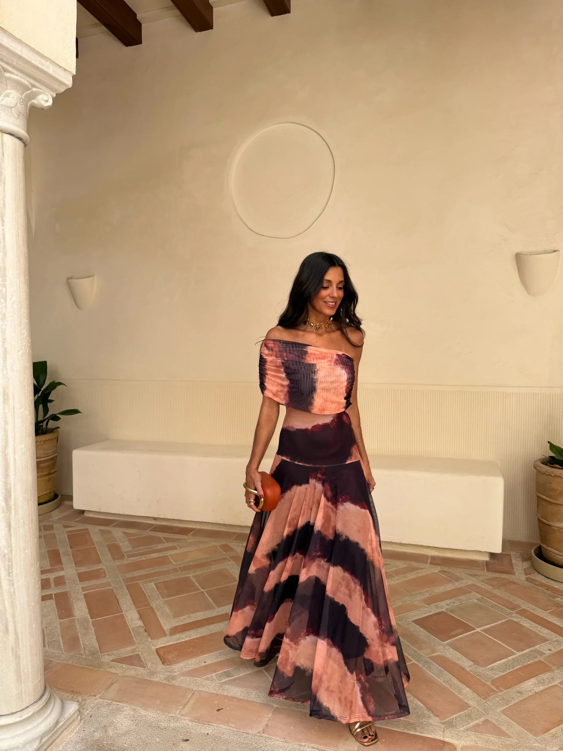 Vestido Toledo Estampado Naranja y Marrón