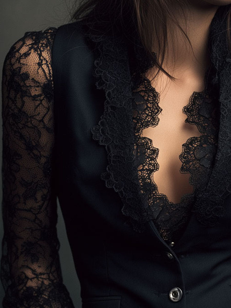 Noémie | Top Blazer Negro con Mangas Semitransparentes