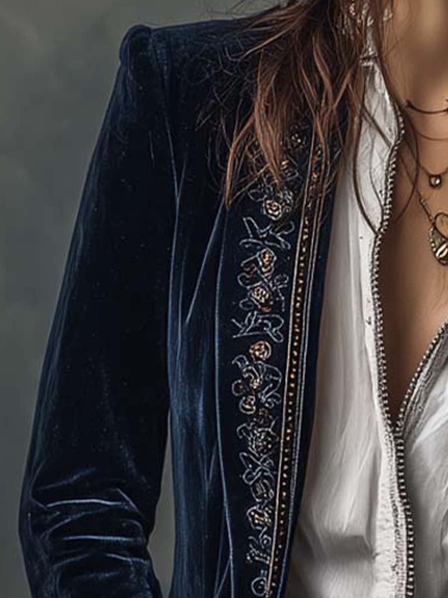 Athénaïs | Chaqueta Larga Bordada Vintage Azul Marino