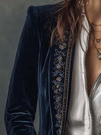 Athénaïs | Chaqueta Larga Bordada Vintage Azul Marino