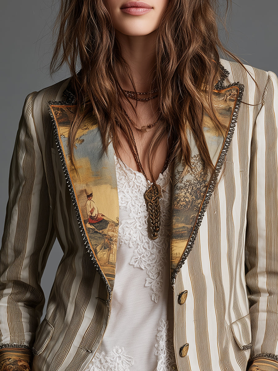 Suzanne | Blazer Boho de Rayas con Cuello Estampado