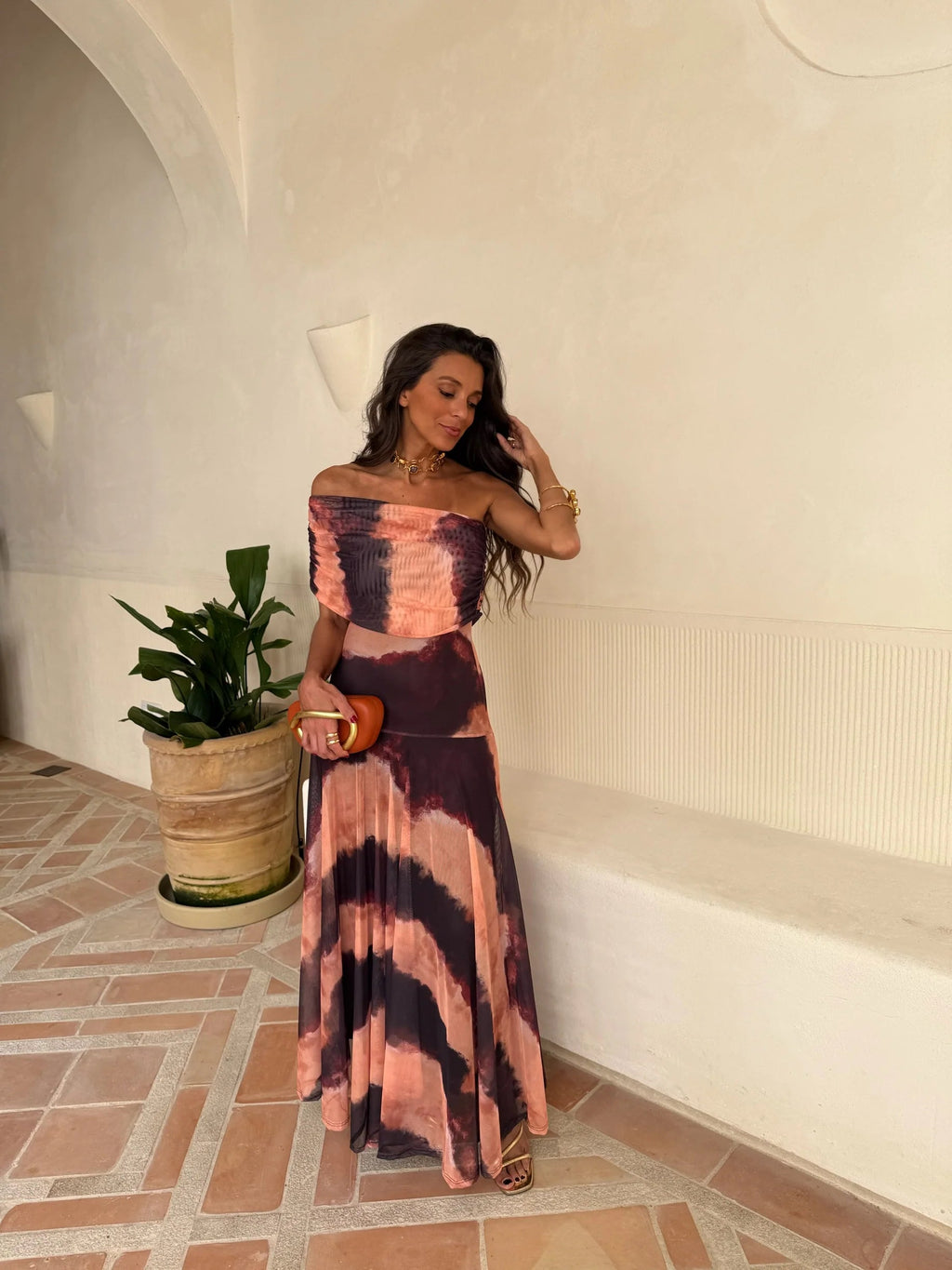 Vestido Toledo Estampado Naranja y Marrón