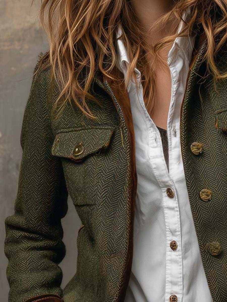 Honorine | Blazer Vintage de Espiga con Ribetes Contraste