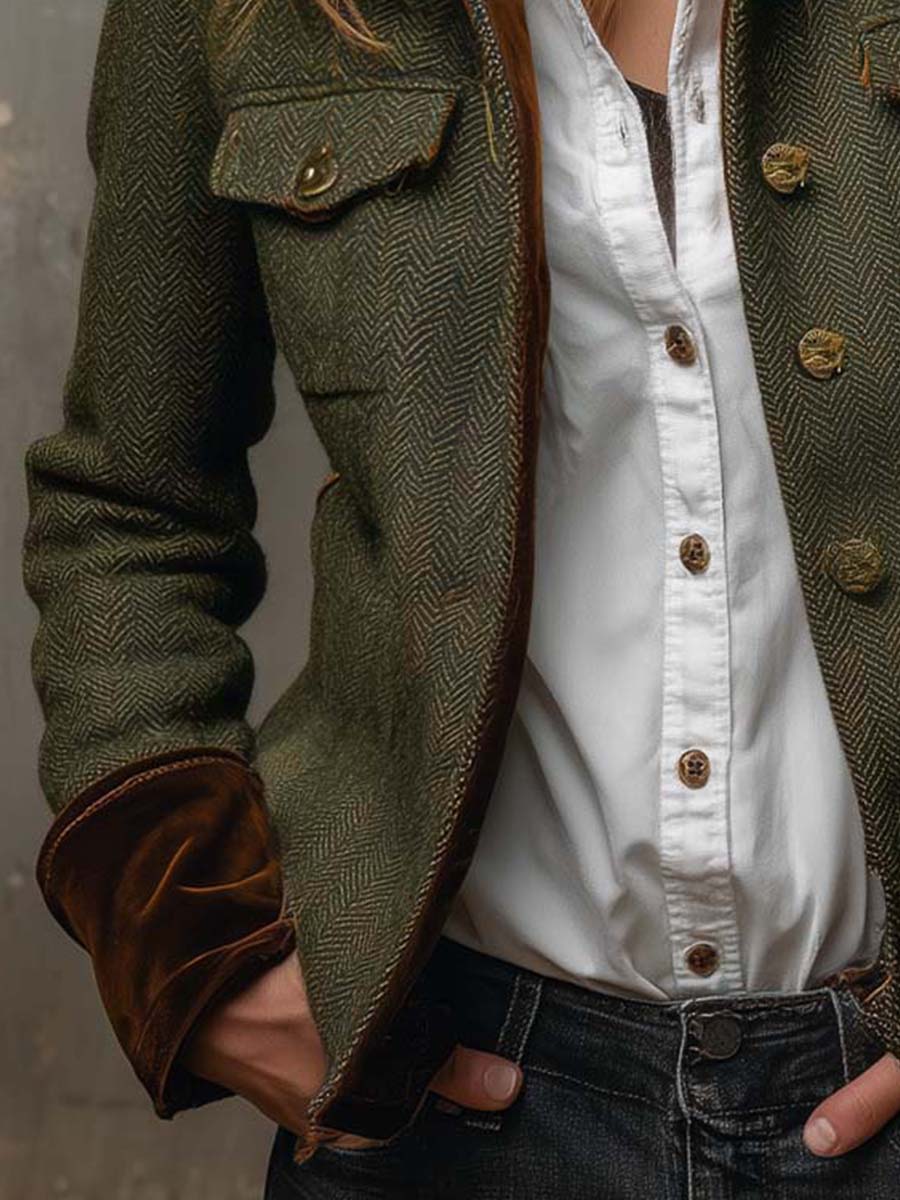 Honorine | Blazer Vintage de Espiga con Ribetes Contraste