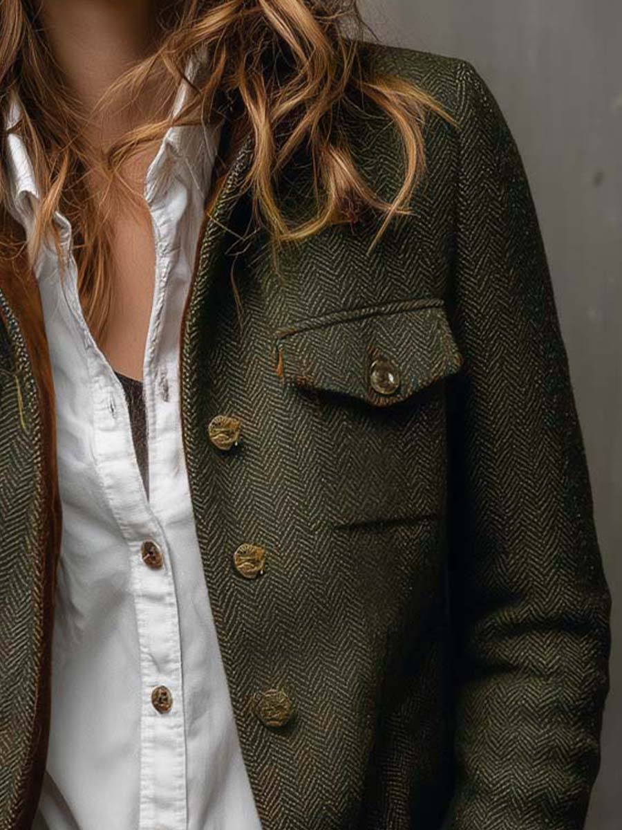 Honorine | Blazer Vintage de Espiga con Ribetes Contraste