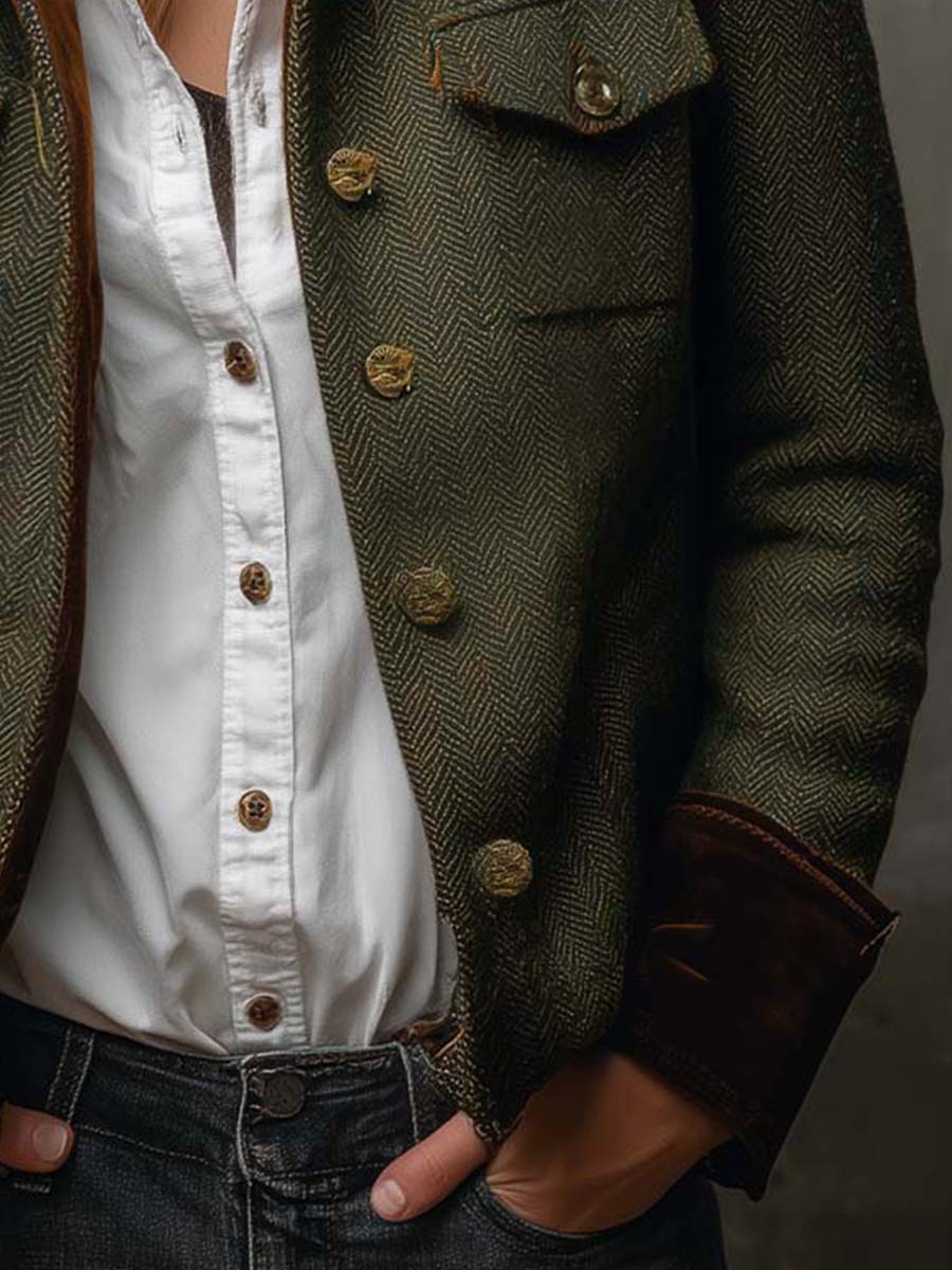 Honorine | Blazer Vintage de Espiga con Ribetes Contraste