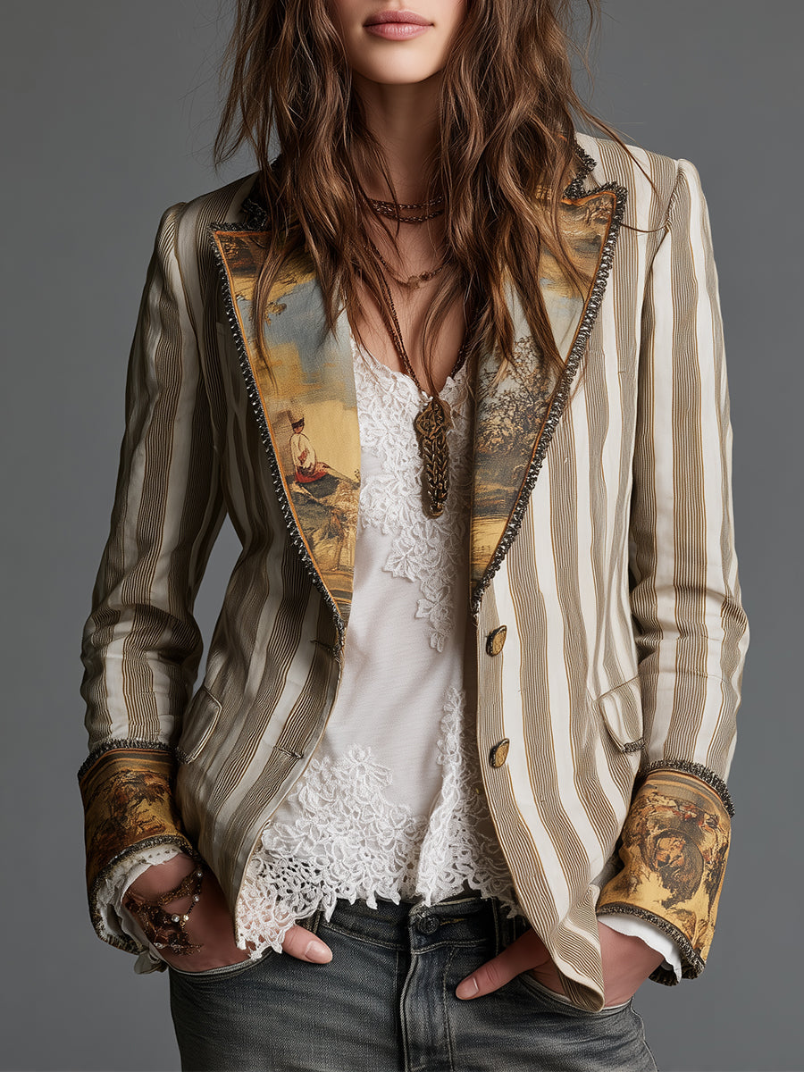 Suzanne | Blazer Boho de Rayas con Cuello Estampado