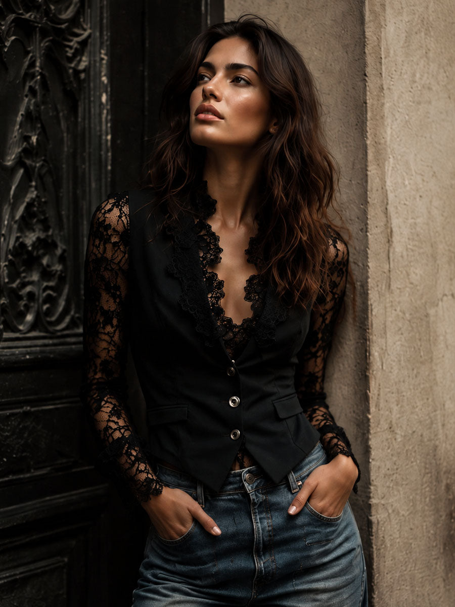 Noémie | Top Blazer Negro con Mangas Semitransparentes