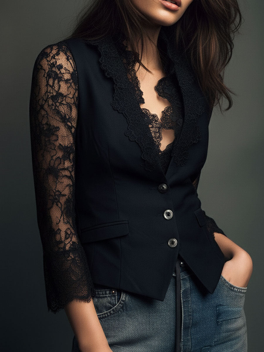 Noémie | Top Blazer Negro con Mangas Semitransparentes