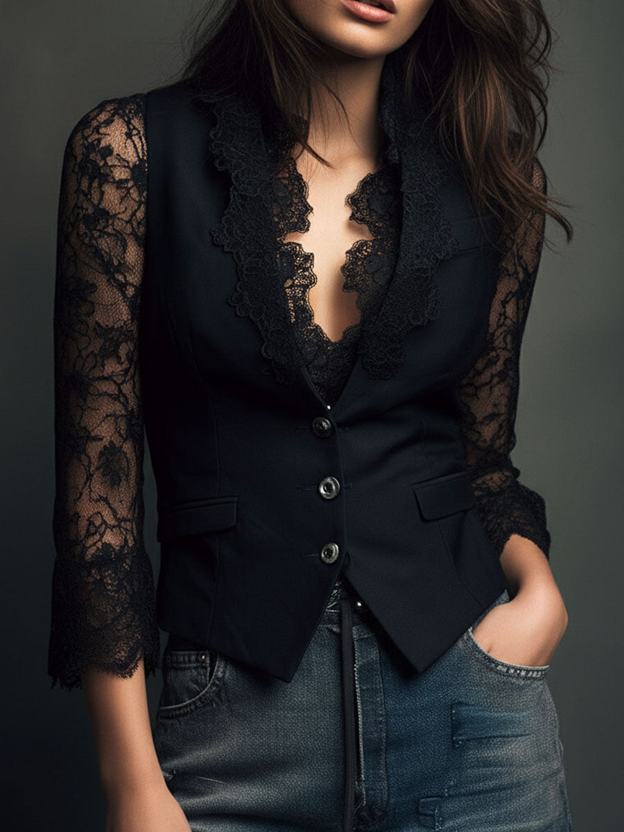 Noémie | Top Blazer Negro con Mangas Semitransparentes