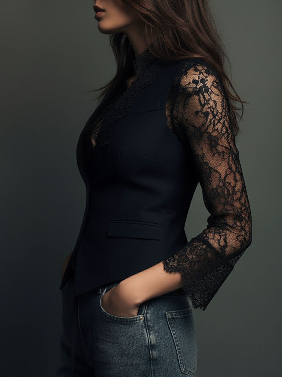 Noémie | Top Blazer Negro con Mangas Semitransparentes