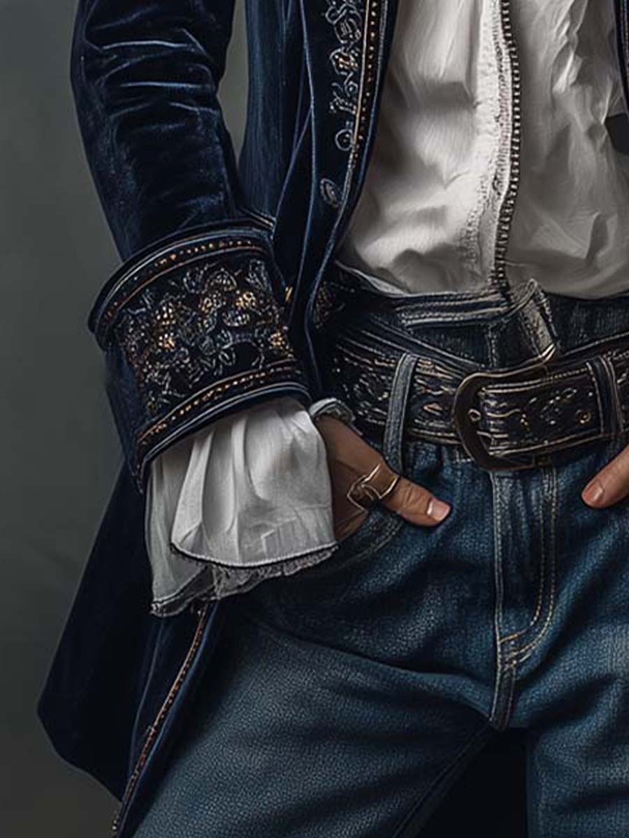 Athénaïs | Chaqueta Larga Bordada Vintage Azul Marino