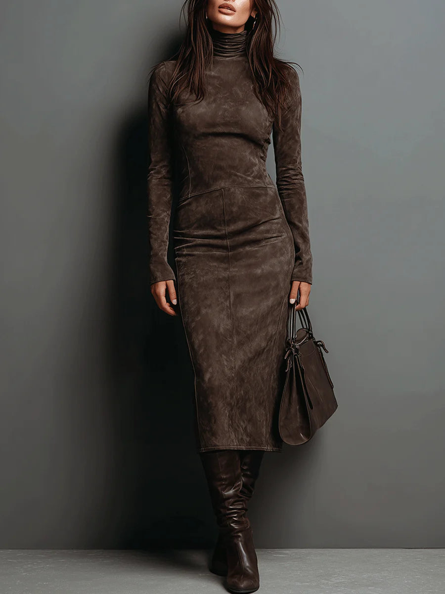 Lorène | Vestido Midi de Ante con Cuello Alto
