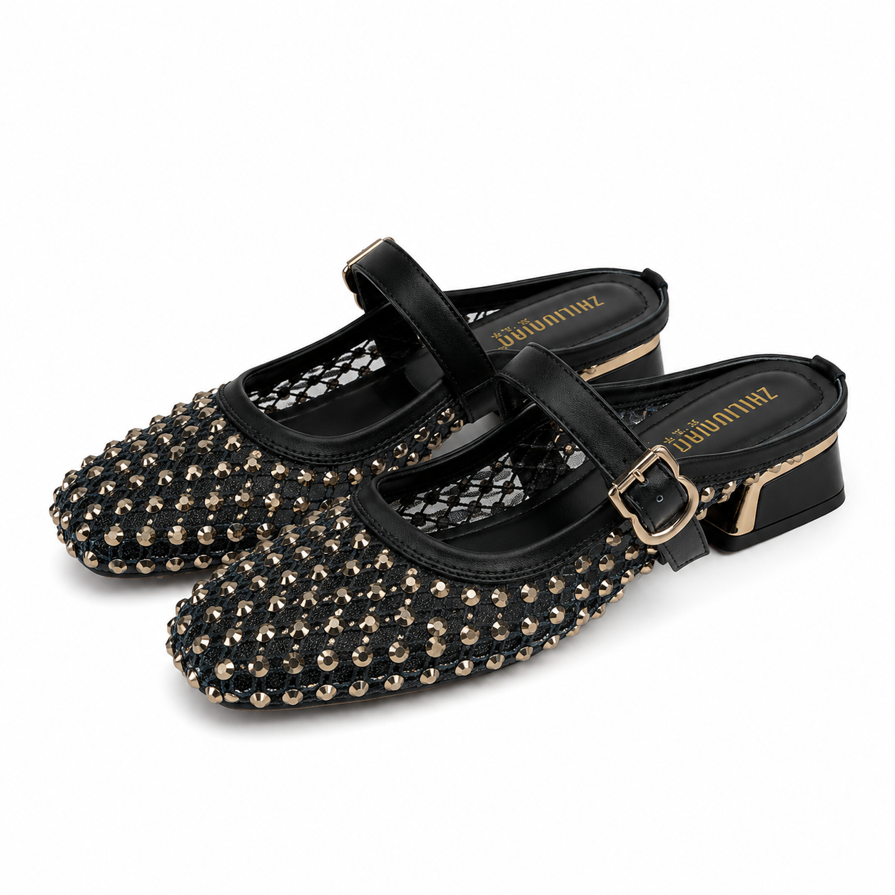 MONTAIGNE™ | Sandalias Tipo Mule con Punta Cuadrada y Pedrería de Malla