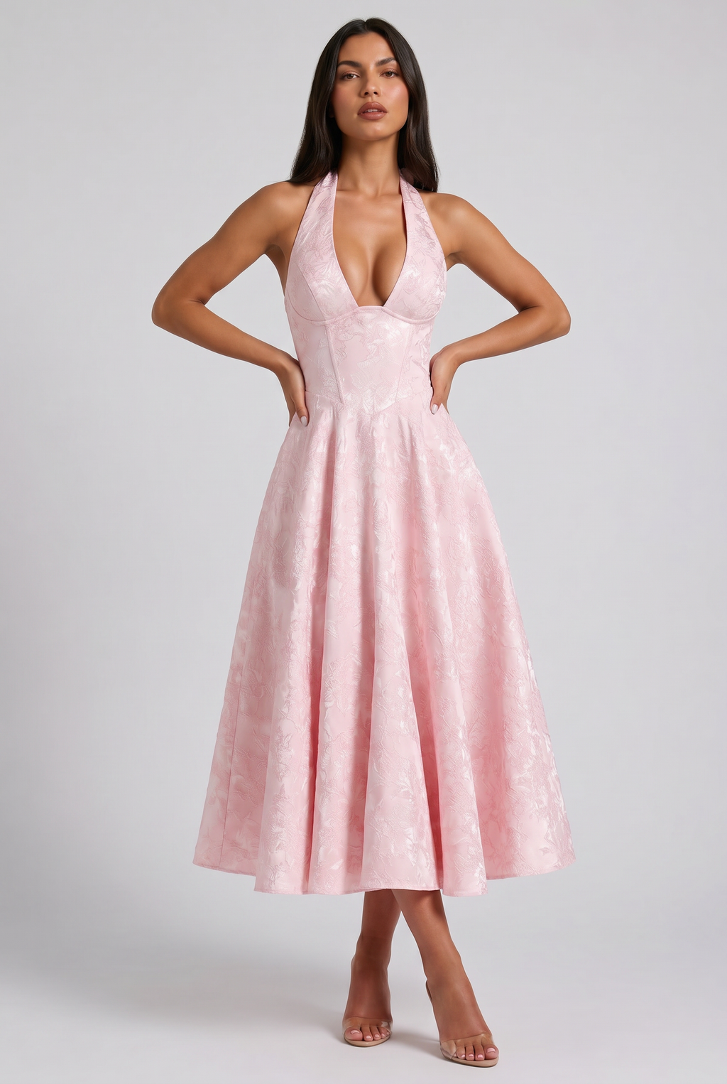 Mi Amante - Vestido Halter Jacquard Floral - Rosa