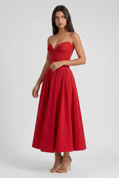 Amalfi - Vestido Corset Rojo con Falda Amplia - Rojo