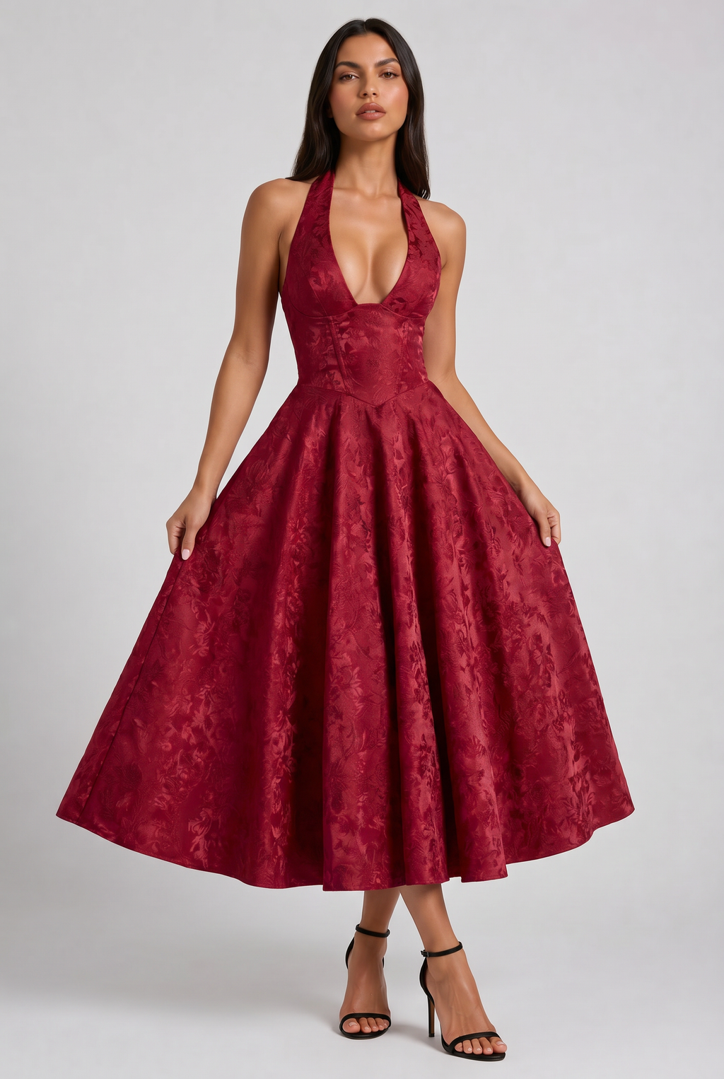 Mi Amante - Vestido Halter Jacquard Floral - Rojo