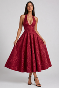 Mi Amante - Vestido Halter Jacquard Floral - Rojo