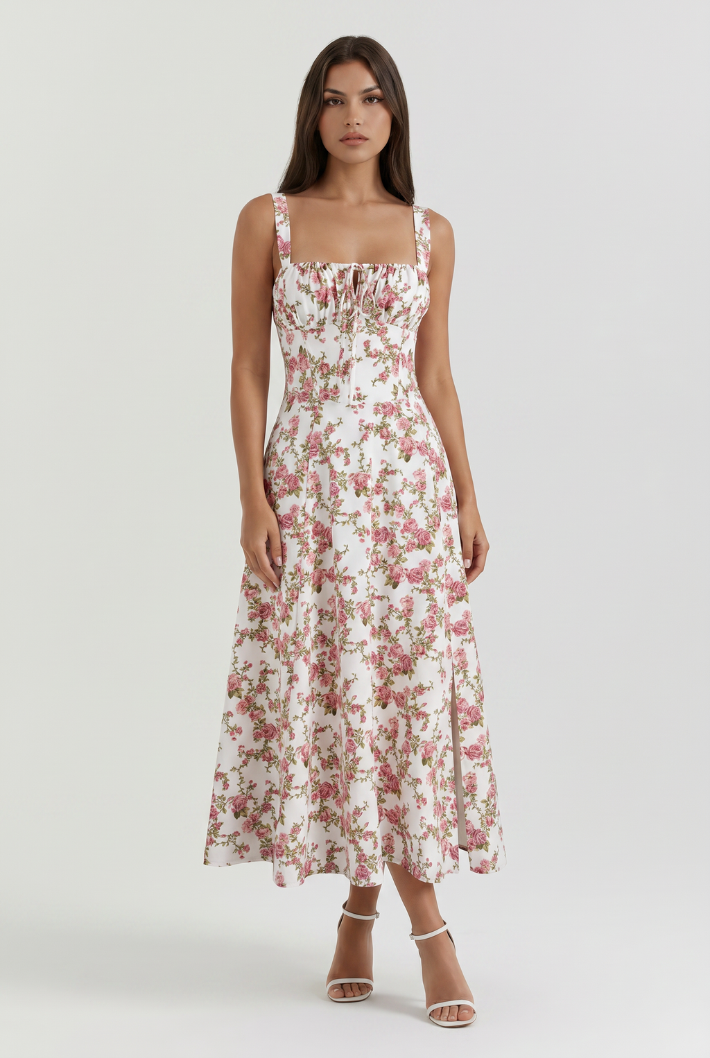 Amelie - Vestido Midi Floral con Lazo - Estampado Floral Rosa