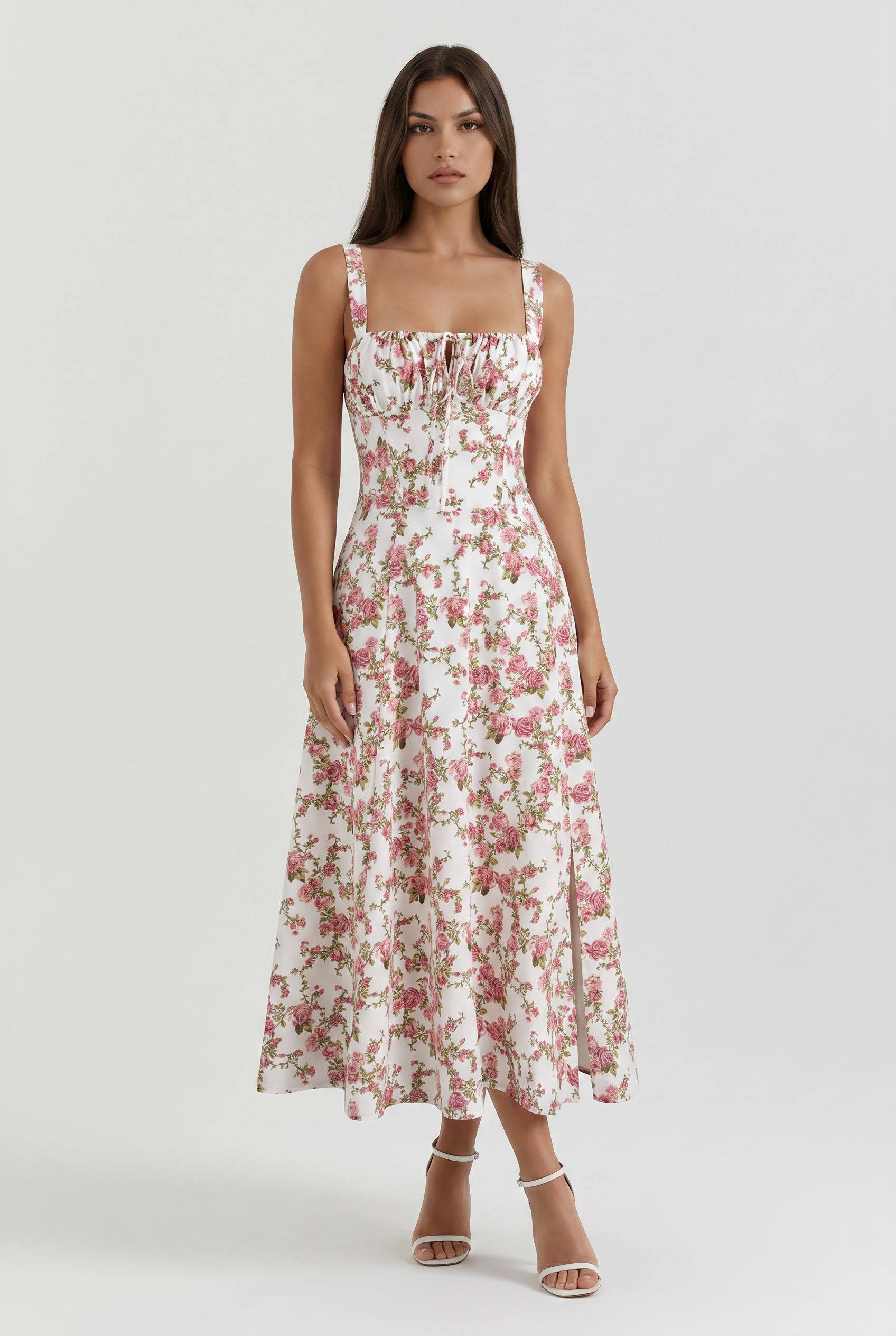 Amelie - Vestido Midi Floral con Lazo - Estampado Floral Rosa