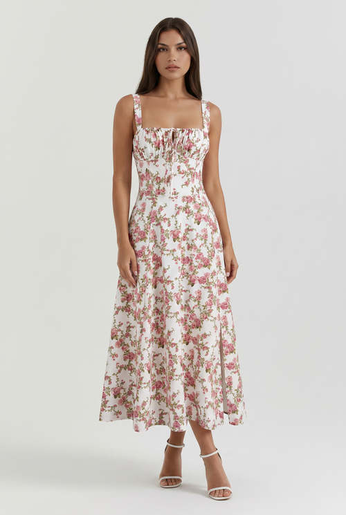 Amelie - Vestido Midi Floral con Lazo - Estampado Floral Rosa