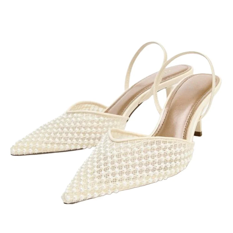 VENTORÉ™ | Sandalias de Tacón Alto con Cuentas y Malla Beige